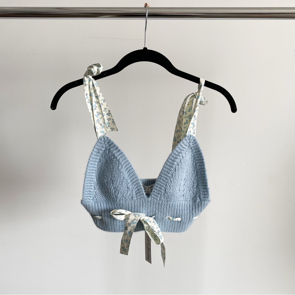 For Love And Lemons Blue Knit Bra with Floral Straps